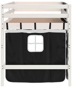 Cama alta criança c/ cortina 90x190cm pinho maciço branco/preto