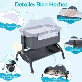 Berço 2 em 1 para bebés com altura ajustável, 4 rodas, rede mosquiteira e cesto de arrumação para bebés dos 0 aos 6 meses, 95 x 65 x 70-82 cm, Cinzent