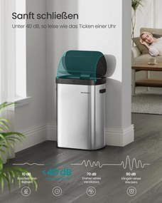 Caixote do lixo automático 50 litros com sensor e tampa de fecho suave em aço 42,5 x 27,1 x 58,7 cm Prateado metálico e Preto