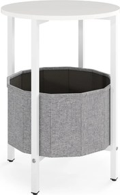 Mesa apoio redonda 44 x 60,5 cm para espaços pequenos de dois níveis com cesto de tecidoEstrutura metálica para sala de estar e quarto cinzenta