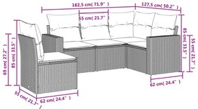 5 pcs conj. sofás jardim c/ almofadões vime PE cinzento-claro