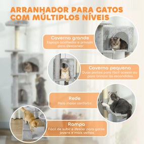 Arranhador para Gatos com Múltiplas Plataformas Cama 2 Cavernas Rede Escada Postes de Sisal 56x56x180 cm Cinza