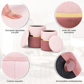 Conjunto de 2 Pufes redondos estofados com 32 L e 21 L de espaço de arrumação e assento almofadado com esponja Rosa