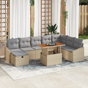 Conjunto de Sofá de Jardim de 9 Peças com Almofadas Bege Rattan Sintét