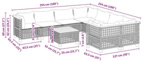 9 pcs conjunto de sofás p/ jardim c/ almofadões vime PE preto