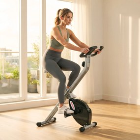 Bicicleta Estática Dobrável Silenciosa com 8 Níveis de Resistência Monitor LCD Assento Ajustável e Rodas Cinza