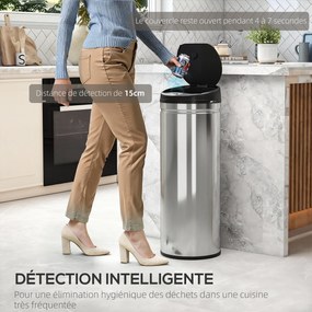 Caixote do lixo automático para cozinha de 50 L em aço inoxidável, com tampa de fecho suave, 30,5 x 30,5 x 85 cm, prateado