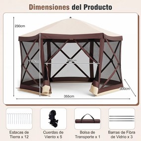 Tenda de Jardim Hexagonal, 355 x 300 x 230 cm, Montagem Rápida, Castanho