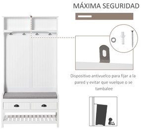 HOMCOM Cabide Sapateira com banco 4 ganchos 2 compartimentos abertos 2 gavetas removíveis e prateleira inferior moderna para corredor entrada 87x42x172 cm Branco