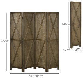 Biombo de 4 Painéis Separador de Ambientes Dobrável 182x170 cm Divisória para Espaços de Madeira Castanho Acinzentado