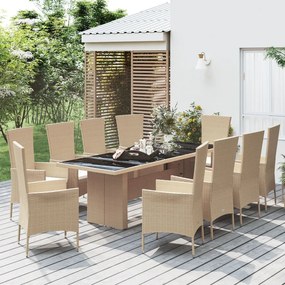 vidaXL 11 pcs conjunto de jantar p/ jardim com almofadões vime PE bege