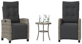 vidaXL 3 pcs conjunto bistrô com almofadões vime PE cinza