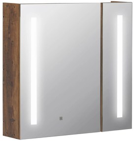 kleankin Armário com Espelho de Casa de Banho com Luz LED Suspenso 2 Portas e Interruptor Tátil Estilo Moderno 70x15x65cm Marrom Rústico