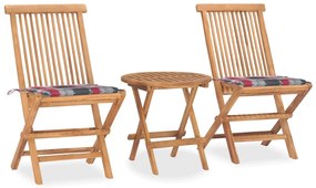 3 pcs conj. jantar dobrável exterior c/ almofadão teca maciça