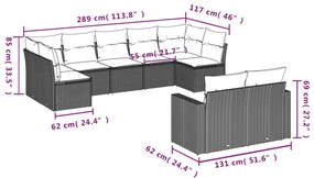 9 pcs conj. sofás jardim com almofadões vime PE cinzento-claro