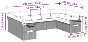 9 pcs conjunto sofás p/ jardim c/ almofadões vime PE castanho