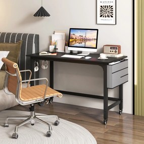 Secretária com Rodas Mesa de Escritório 120 x 60 x 75 cm com Bolsa e Ganchos para Auscultadores Compacta Estrutura em Metal Preto