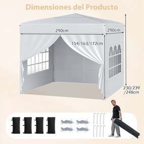 Tenda Pop up Dobrável 290 x 290 cm  4 x Sacos de areia e com 4 paredes laterais amovíveis e altura ajustável, feiras, eventos  Branca