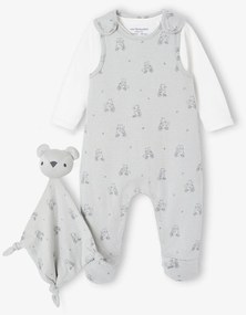 Conjunto de 3 peças para recém-nascido: macacão + body + boneco doudou verde-água