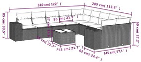 11 pcs conjunto sofás de jardim c/ almofadões vime PE cinzento