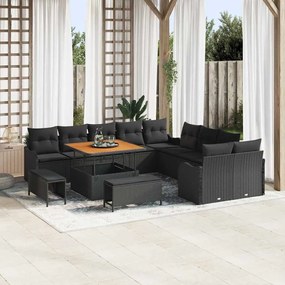 Conjunto de Sofás de Jardim vidaXL de 13 Peças com Almofadas Preto Rattan Sintético Acácia
