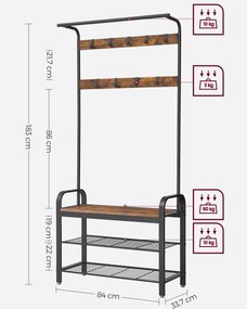 Armário entrada, Hall, com cabide e com 3 prateleiras 84 x 33,7 x 183 cm Castanho Vintage -preto