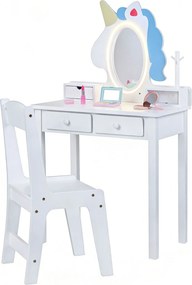 Toucador Infantil com Espelho de Unicórnio e Cadeira, 59 x 35 x 103,5 cm, Espelho LED Ajustável, Branco