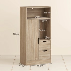 Móvel de Casa de Banho Estreito com 2 Gavetas Compartimento Aberto e Prateleiras Ajustáveis 50x25x100 cm Madeira