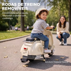Mota Elétrica Infantil VESPA com Arranque Suave Rodinhas Luz Música e USB Bege