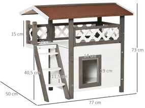PawHut Casa para Gatos de Madeira 77x50x73cm Casa para Gatos com 2 Níveis com Teto Asfáltico Terraço Cercado Caverna e Escada para Interior e Exterior Branco e Cinza