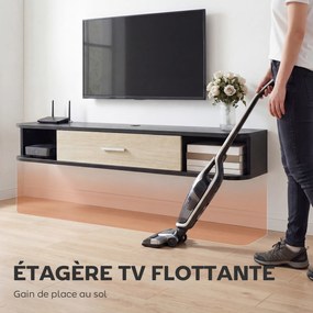 Móvel de TV suspenso de 120 (L) x 26 (P) x 16 (A) cm, para televisores até 50 polegadas, com porta rebatível, 2 prateleiras abertas preto e cor carval