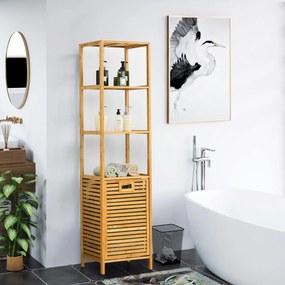 Cesto de roupa Suja retrátil em bambu Prateleira de casa de banho Torre organizadora de lavandaria Torre de lavandaria 3 Estantes 40 x 33 x 160 cm Nat