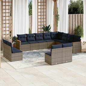 vidaXL 12 pcs conjunto sofás p/ jardim c/ almofadões vime PE cinzento