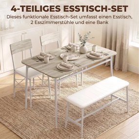 Conjunto de mesa de jantar com 2 cadeiras e um banco, assentos estofados, para sala de estar, espaços pequenos, em cor carvalho e branco