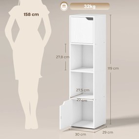 Estante para Livros com 2 Portas Estante Estreita de 4 Níveis com 2 Prateleiras Abertas 30x29x119 cm Branco