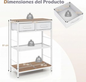 Mesa de Consola com Gavetas e Estantes, 60 x 30 x 81 cm, Estrutura Metálica, Natural e branco