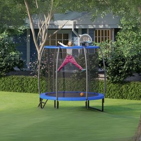 Trampolim ao ar livre 245 cm com cesto de basquetebol, almofada de segurança e escada para crianças e adultos azul e preto