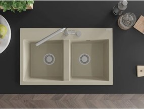 Mexen Hektor lava-loiça de granito de 2 cubas 800 x 480 mm, bege, sifão cromado - 6521802000-69