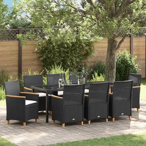 vidaXL Conjunto de Jantar de Jardim com Almofadas Preto Rattan PE