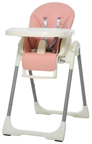 HOMCOM Cadeira de refeição ajustável e dobrável para bebê acima de 6 meses com bandeja dupla Cadeira de refeição portátil Reclinável com 2 rodas e freios 55x80x104 cm Rosa