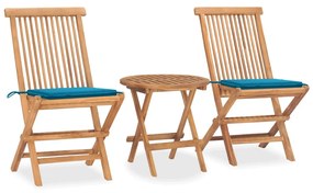 vidaXL 3 pcs conj. jantar dobrável exterior c/ almofadão teca maciça