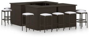 vidaXL 16pcs conjunto de bar p/ jardim com almofadões vime PE castanho