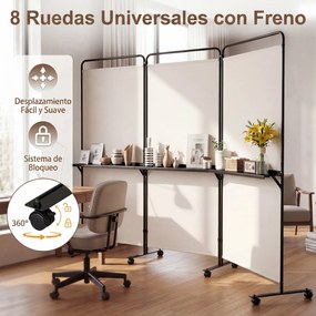Biombo Dobrável de 3 Painéis, 259 x 44 x 188 cm, 8 Rodas com Travão, Branco