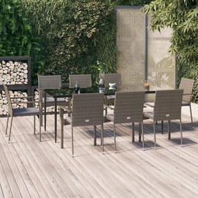 vidaXL 9 pcs conjunto jantar jardim c/ almofadões vime PE preto/cinza