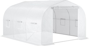 Estufa de jardim tipo túnel, dimensões: 3,5 m (L) x 3 m (C) x 2 m (A). Porta + 6 janelas enroláveis. Aço galvanizado e lona de PE de alta densidade, b
