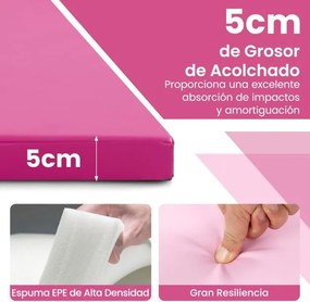 Tapete Ginástica e de exercícios  300 x 117 x 5 cm  dobrável de 4 painéis com alças de transporte e Fecho Rosa escuro