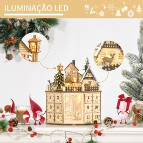 Calendário do Advento de Natal em Madeira Reutilizável com Luzes LED 24 Gavetas Cena de Aldeia 25x20x29 cm Natural