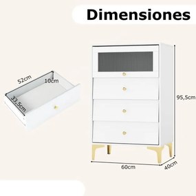 Cómoda 3 gavetas moderna 60 x 40 x 95,5 cm cm com porta de vidro canelado e gavetas extraíveis Pernas metálicas Branca